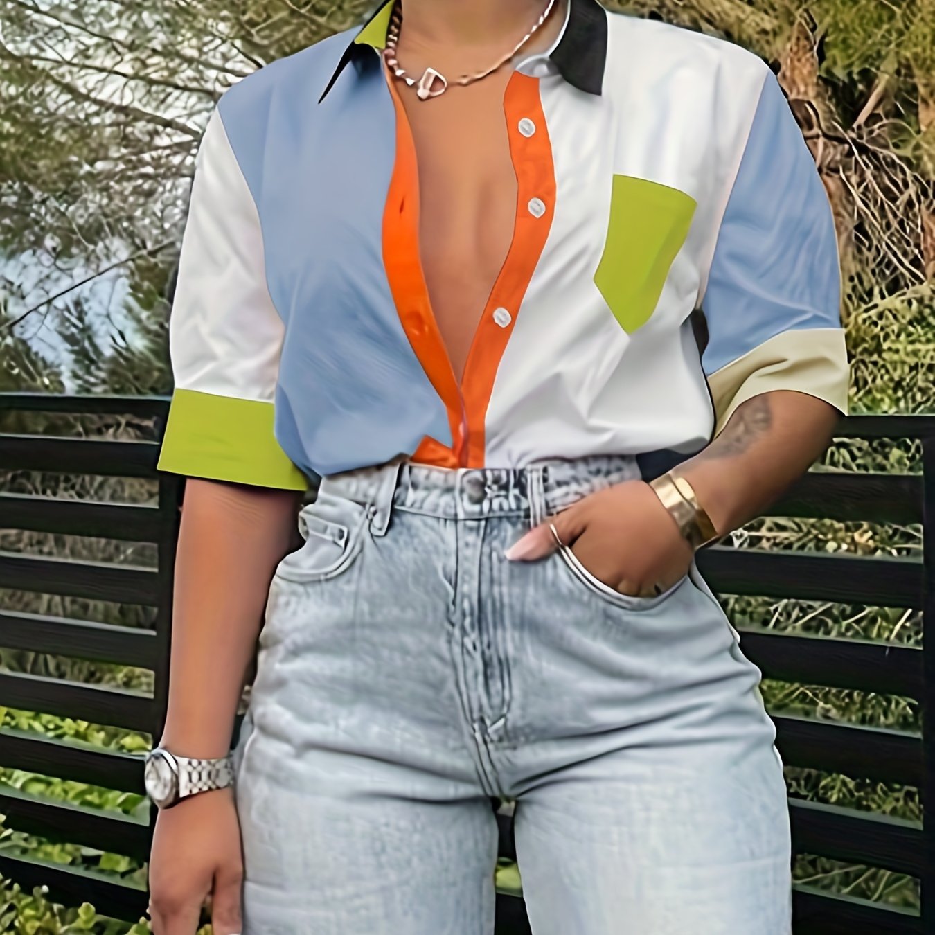Damen Modernes Hemd im Patchwork-Stil für Alltag und Freizeit