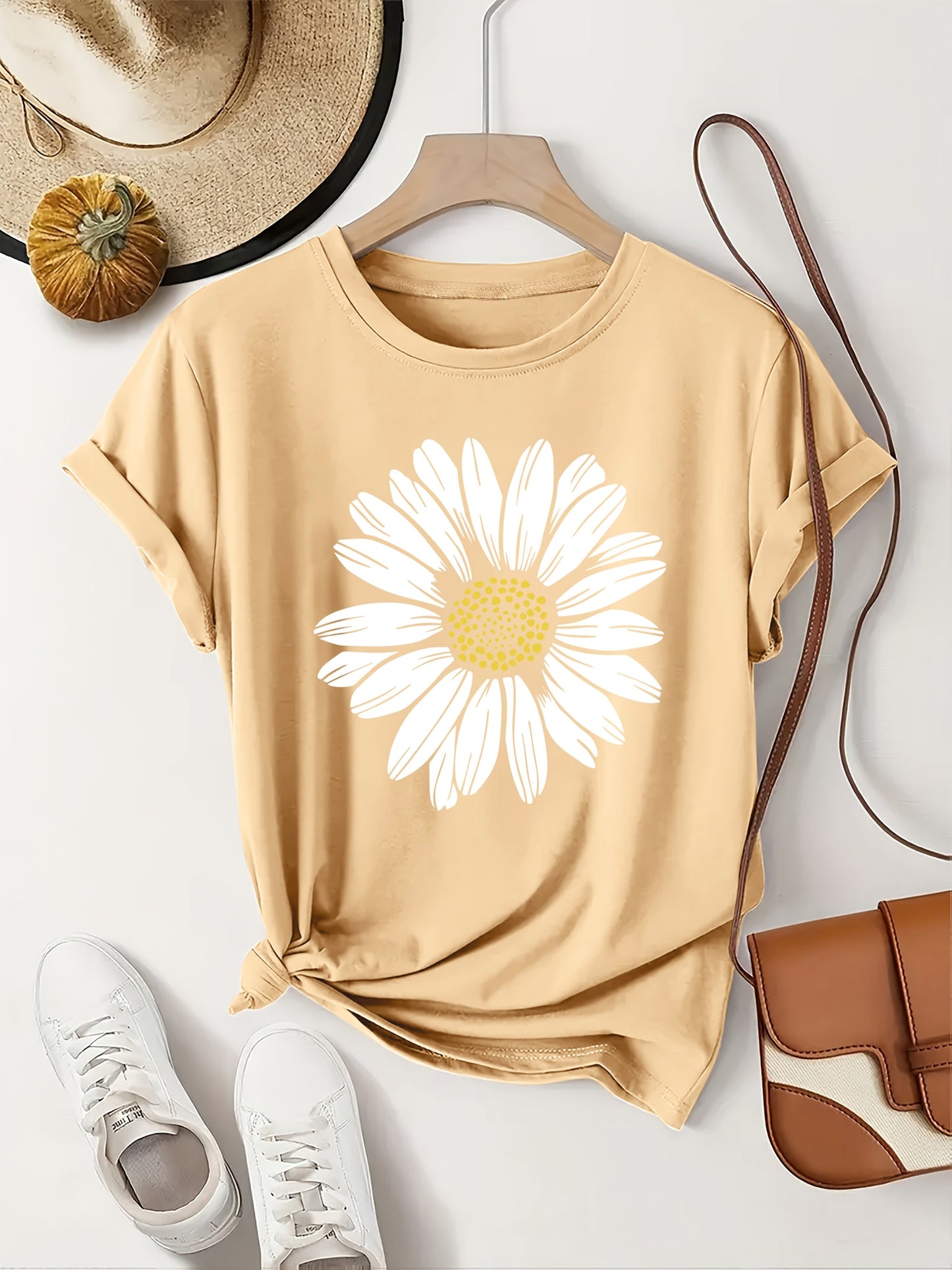 Damen T-Shirt mit großem Gänseblümchen Print – Lässiger Blumendruck, ideal für Alltag & Freizeit