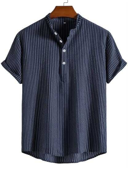 Herren Kurzarm Stehkragen Hemd mit Streifen – Modernes Casual Design für Alltag und Freizeit