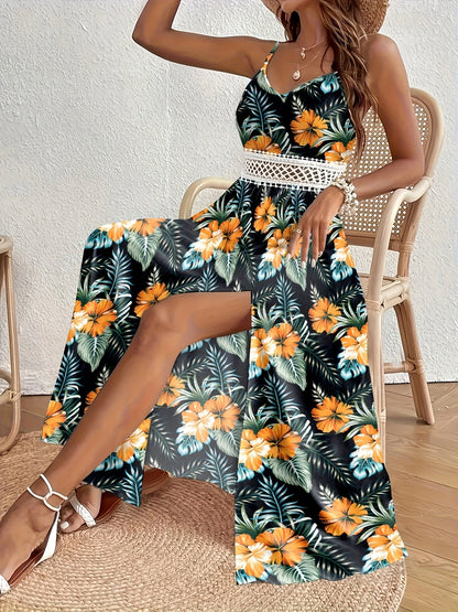 Damen Maxikleid mit tropischem Blumenmuster und Spitzendetail – Elegantes Sommerkleid für Urlaub & Freizeit