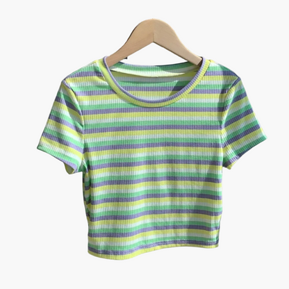 Damen Modernes Streifen-Rippstrick T-Shirt – Kurzarm, Lässiger Streetstyle