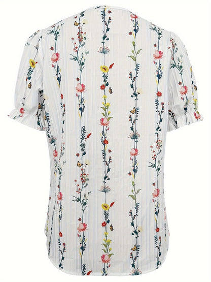 Damen Bluse Elegant mit Blumenmuster und Rüschenausschnitt – Perfekt für Freizeit und Sommer