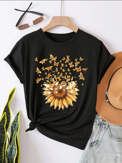 Damen T-Shirt mit Sonnenblume und Schmetterlings-Print – Sommerliches Casual Oberteil