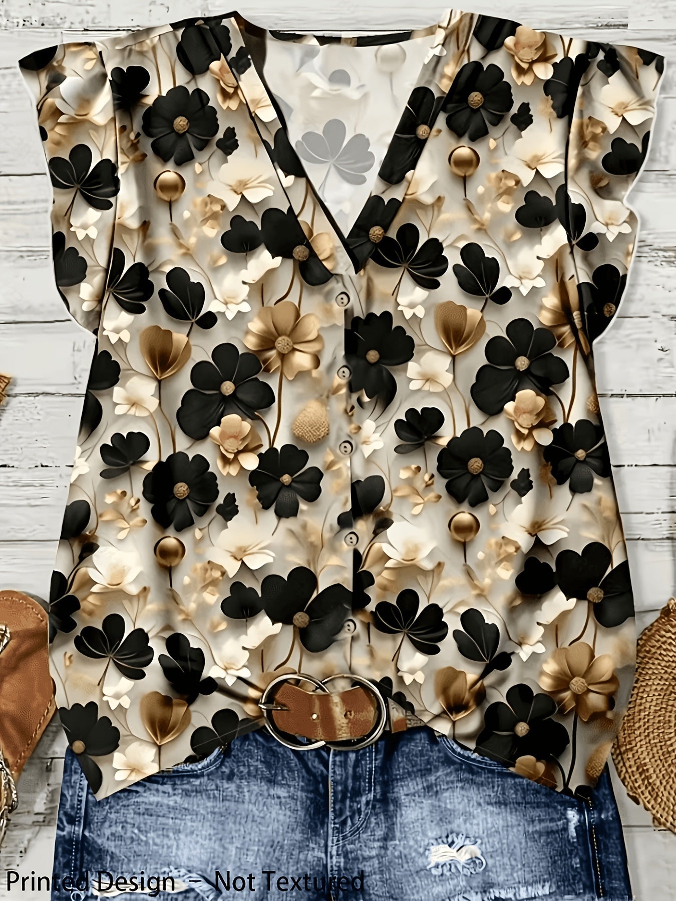Damen-Bluse mit Blumenmuster und V-Ausschnitt – Eleganter Freizeit- und Alltagsstil