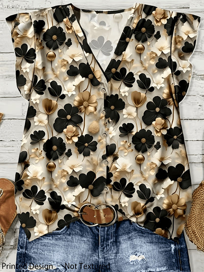 Damen-Bluse mit Blumenmuster und V-Ausschnitt – Eleganter Freizeit- und Alltagsstil