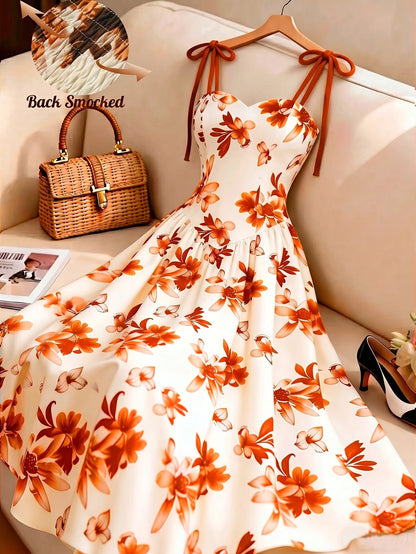 Damen Midikleid mit Blumenmuster und Schleifen-Trägern – Elegantes A-Linienkleid für besondere Anlässe