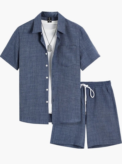 Herren Sommer Freizeit Set – Kurzarm Hemd & Shorts mit T-Shirt und Kette, Lässiger Zweiteiler für Alltag und Urlaub