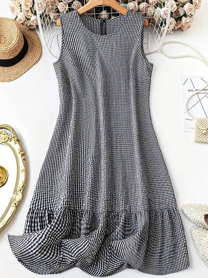 Damen Ärmelloses Kleid mit Karomuster und Rüschensaum – Lässiger Stil für Alltag und Freizeit