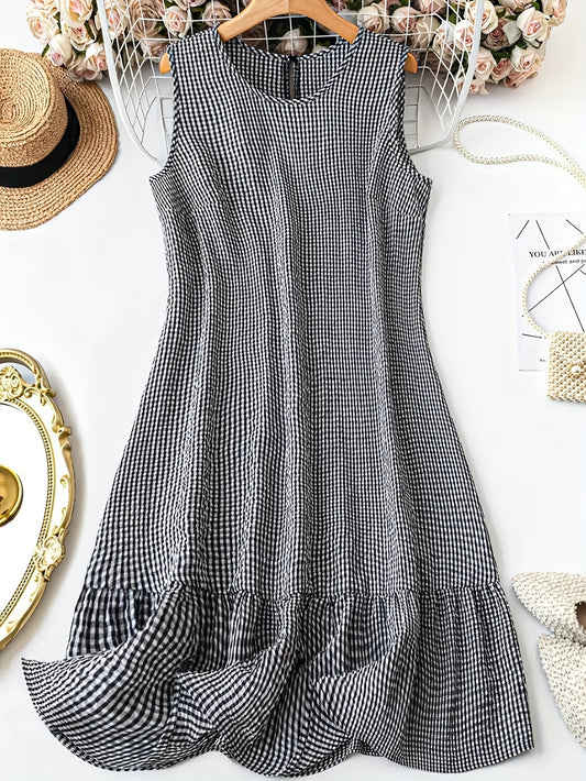 Damen Ärmelloses Kleid mit Karomuster und Rüschensaum – Lässiger Stil für Alltag und Freizeit