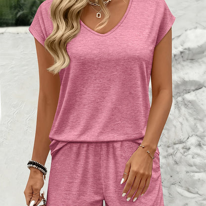 Damen Freizeit-Set mit V-Ausschnitt – Modischer Sommer Shorty Overall für Alltag und Urlaub