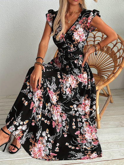 Damen Maxikleid mit Blumenmuster und Gürtel – Elegantes Sommerkleid für Urlaub und Freizeit