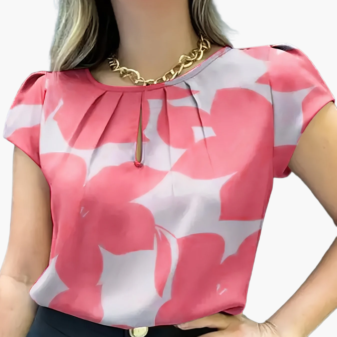 Damen Bluse mit abstraktem Muster und Falten-Detail – Elegante Sommer-Office-Mode