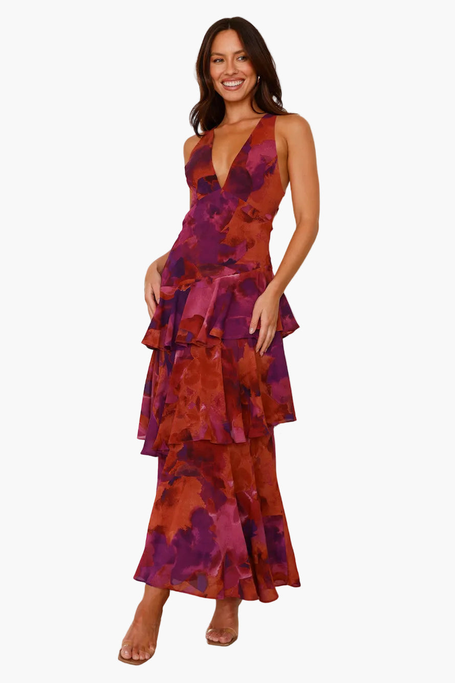 Damen Maxi Kleid mit Volants und tiefem V-Ausschnitt – Elegantes Sommerkleid für besondere Anlässe