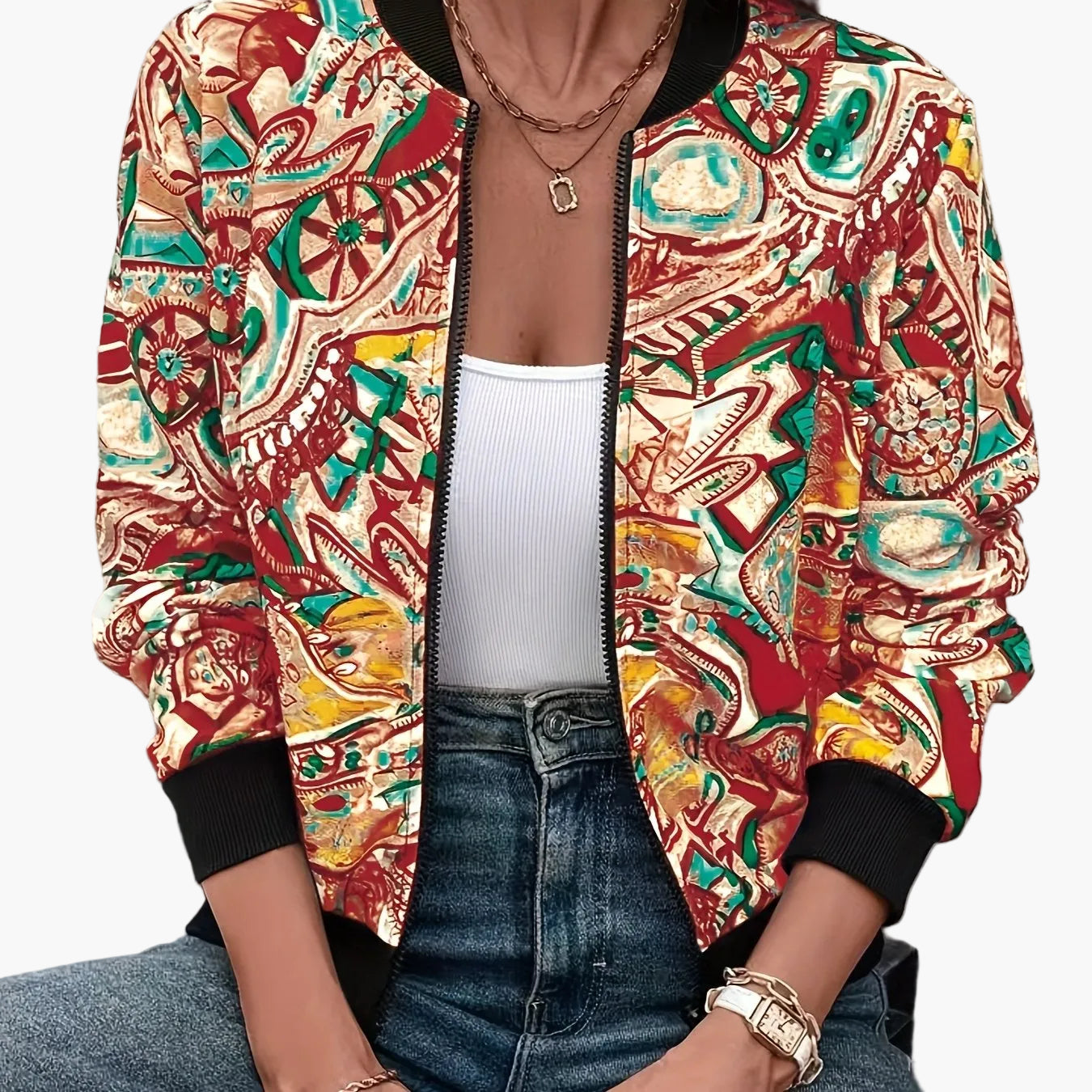 Damen Bomberjacke mit künstlerischem Print – Stilvolle Übergangsjacke für Freizeit & Alltag