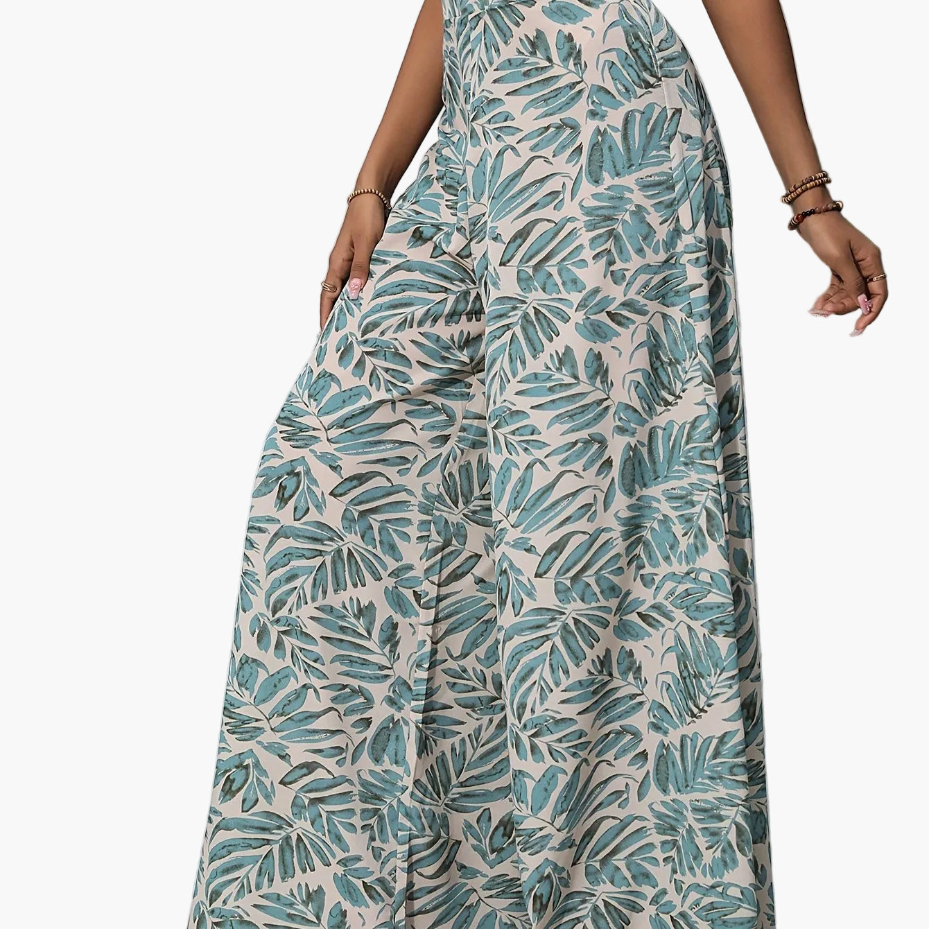 Damen Weite Palazzo-Hose mit tropischem Blattmuster – Sommerlich, Boho, Ideal für Strand & Freizeit