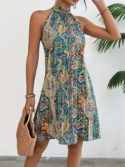 Damen Boho Sommerkleid mit Neckholder und buntem Ethno-Muster – Ideal für Urlaub, Strand & Gartenparty