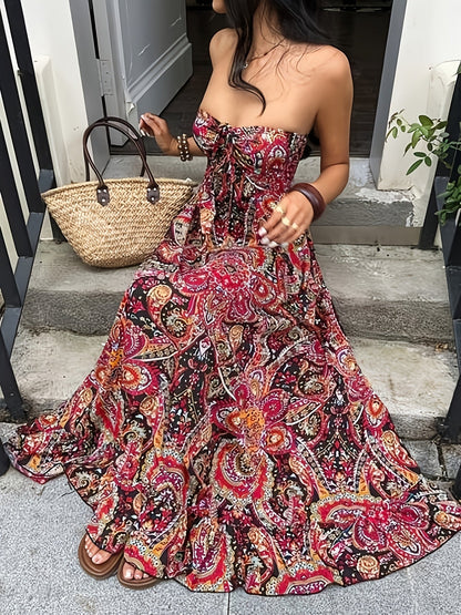 Damen Boho Maxikleid Bandeau mit Paisley Muster – Eleganter Freizeit-Look