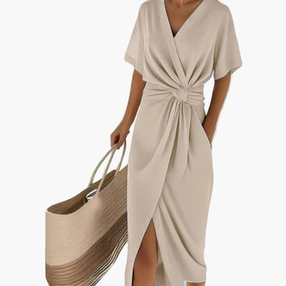 Damen Sommerkleid Elegant Wickelkleid mit Knoten und Kurzarm – Perfekt für Urlaub und Freizeit