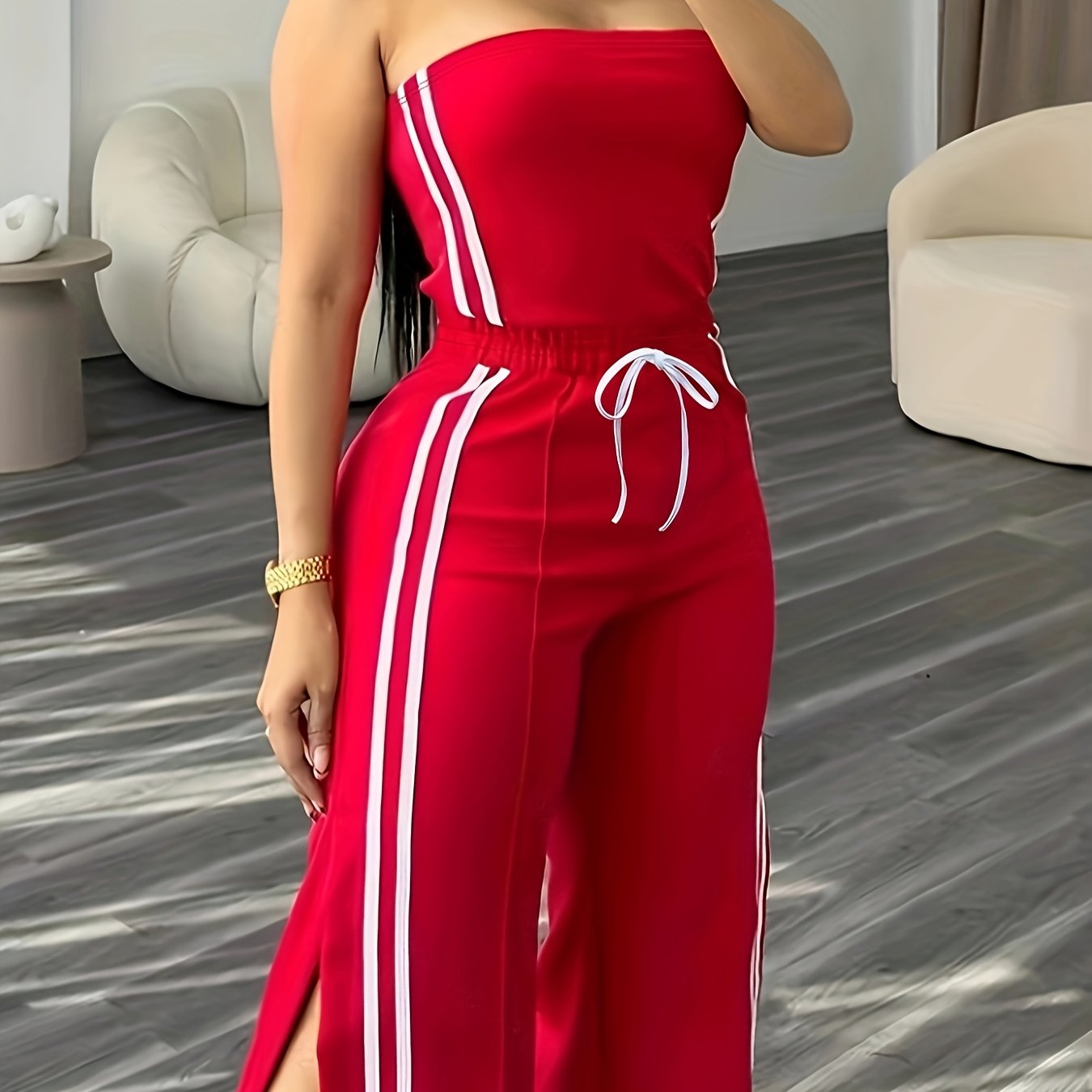 Damen Jumpsuit mit weitem Bein und sportlichem Streifen-Design – Modischer Freizeit Einteiler