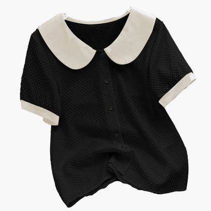 Damen Bluse im Vintage-Stil mit Kontrastkragen und kurzen Ärmeln – Elegante Alltagsmode
