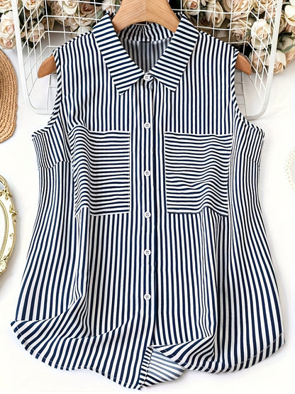 Damen Ärmellose Bluse mit Streifen und Brusttaschen – Eleganter Sommer-Look für Büro und Freizeit