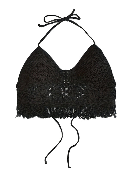 Damen Boho Häkel-Bralette Top mit Neckholder und Fransen – Festival & Strandmode