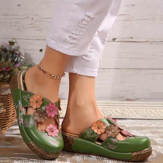 Damen Wedges Mules mit Blumen- und Schmetterlingsdesign – Boho Komfortschuhe