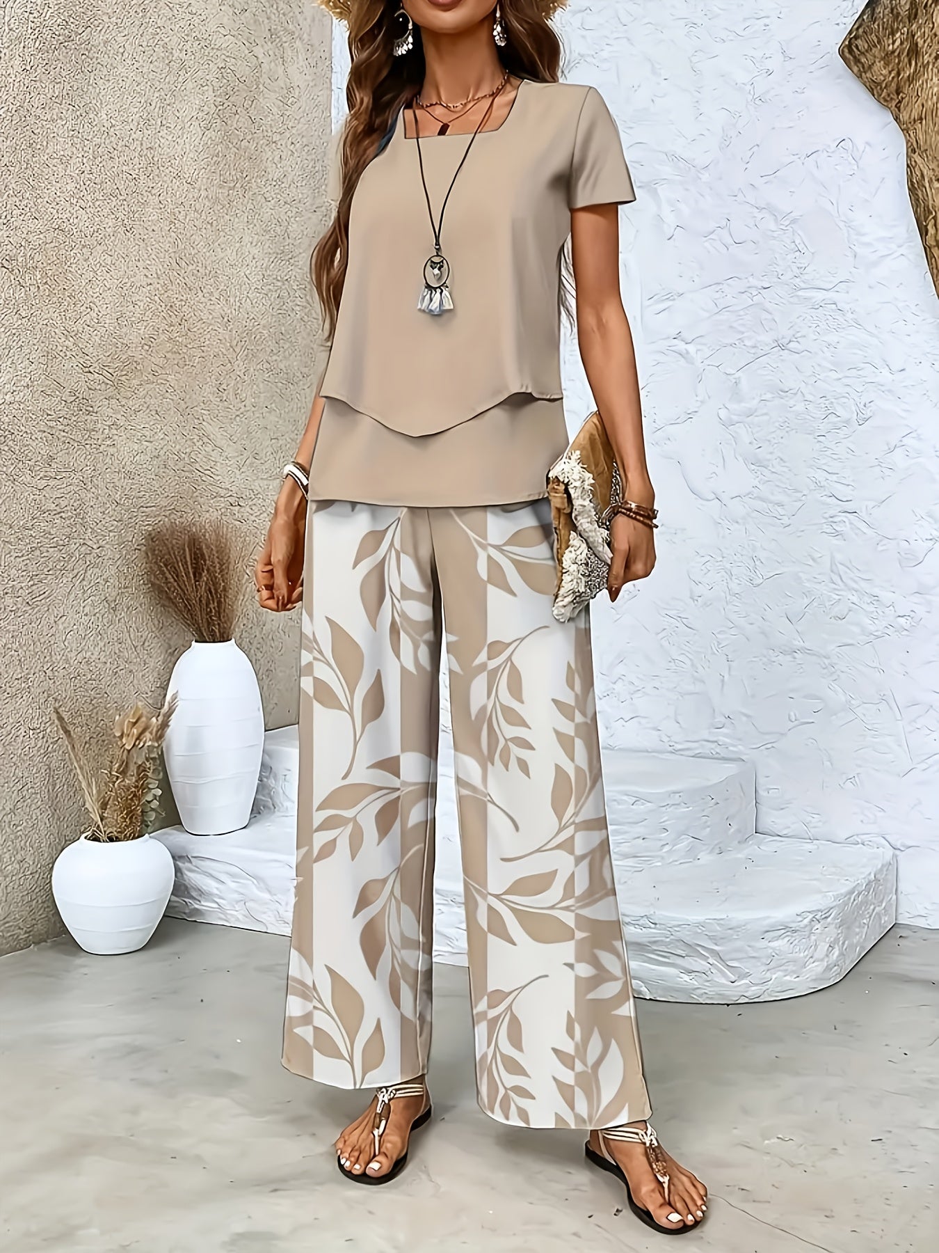 Damen Sommer Set Elegant Zweiteiler mit Weit Bein Hose und Kurzarm Shirt – Perfekt für Freizeit und Urlaub