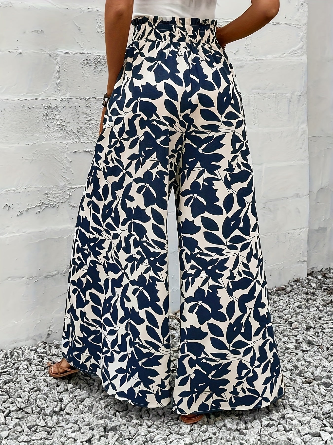 Damen Weitbeinige High-Waist Palazzo Hose mit Tropischem Blattmuster – Eleganter Boho-Stil für Alltag und Freizeit