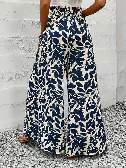 Damen Weitbeinige High-Waist Palazzo Hose mit Tropischem Blattmuster – Eleganter Boho-Stil für Alltag und Freizeit