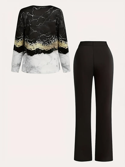 Damen Elegantes Freizeit-Outfit mit Weitbein-Hose und Modernem Print-Oberteil – Perfekt für Alltag und Ausflüge