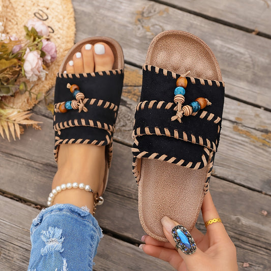 Damen Boho Slide Sandalen mit Perlendetails – Bequeme Sommerschuhe für Freizeit & Urlaub