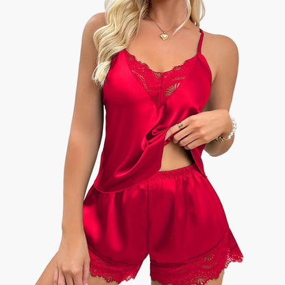 Damen Satin Pyjama Set mit Spitze – Verführerischer Schlafanzug für stilvolle Nächte