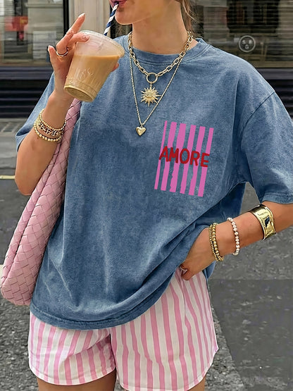 Damen Oversize T-Shirt mit AMORE Print und Streifen – Trendiges Casual Streetwear für den Sommer
