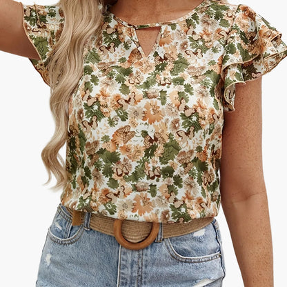 Damen Sommerbluse mit Blumenmuster und Rüschenärmeln – Elegante Freizeitmode