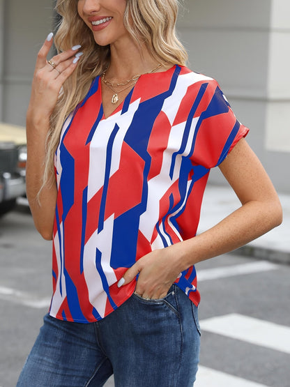 Damen Vintage Bluse mit geometrischem Muster und V-Ausschnitt – Modisches Büro & Freizeitshirt