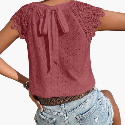 Damen Spitzentop mit Häkelärmeln und Rückenschleife – Sommer Freizeit Bluse
