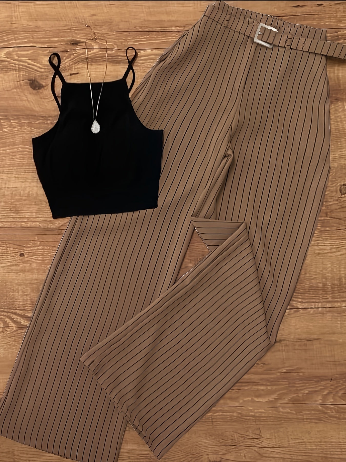 Damen Eleganter Streifen Zweiteiler Set – Modisches Top mit weitem Hosenanzug für Business & Freizeit
