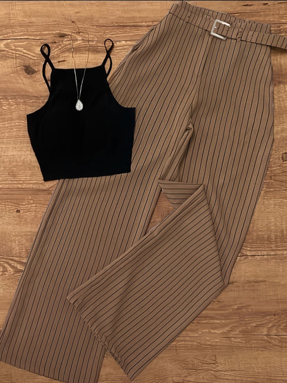 Damen Eleganter Streifen Zweiteiler Set – Modisches Top mit weitem Hosenanzug für Business & Freizeit