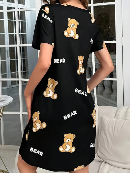 Damen Nachthemd mit Teddybär-Print – Bequemes Casual Schlafshirt für Erwachsene