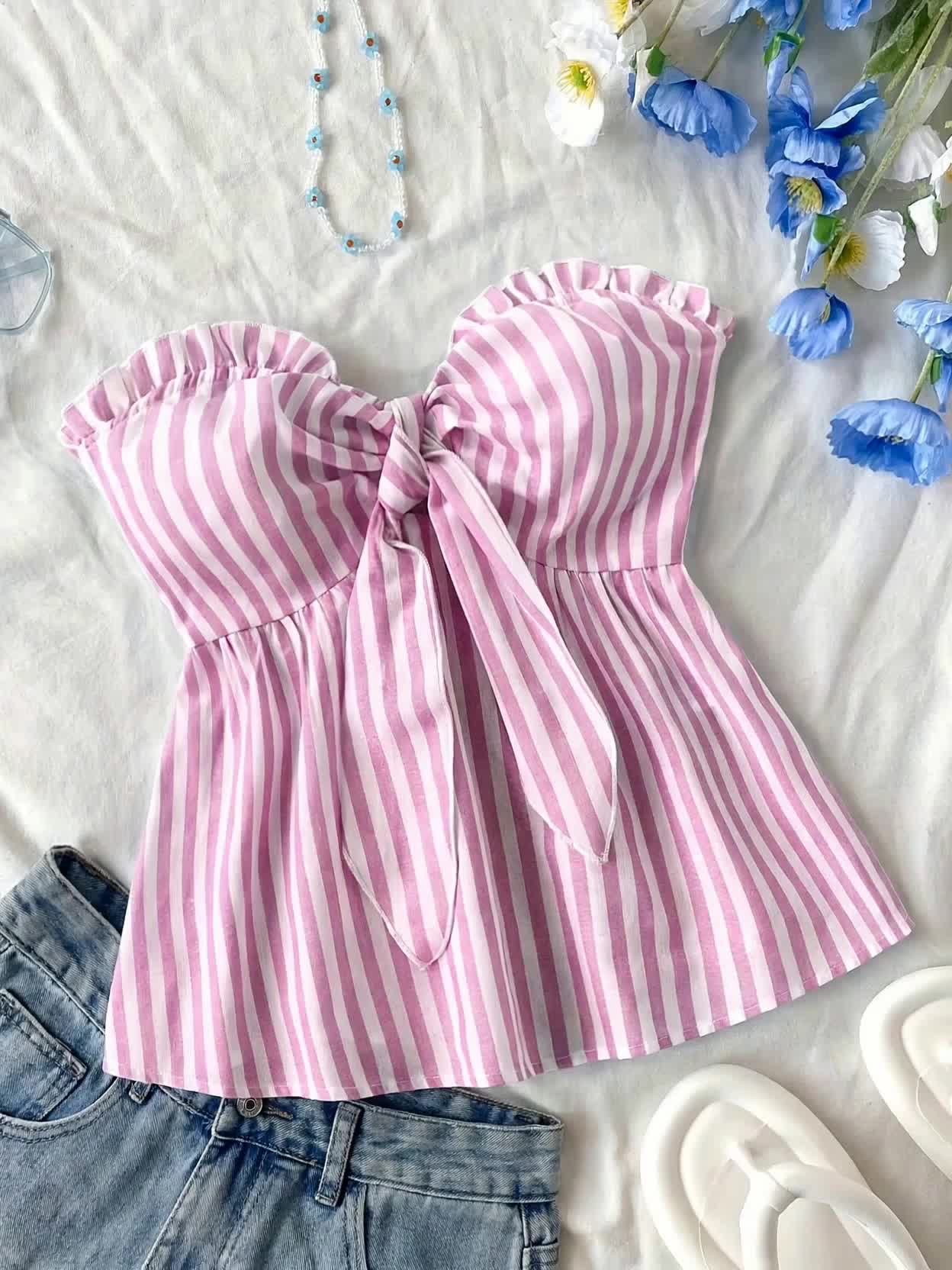 Damen Bandeau-Top mit Schleifen-Detail und Streifen – Stylisches, schulterfreies Oberteil für Freizeit und Ausgehen