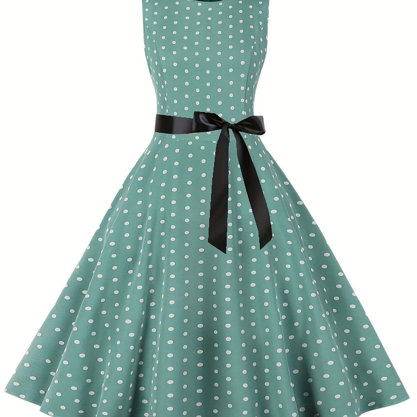 Damen Vintage Rockabilly Polka Dots Kleid mit Schleifen-Gürtel, Elegant, Ärmelos, Festlich & Alltag