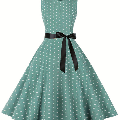 Damen Vintage Rockabilly Polka Dots Kleid mit Schleifen-Gürtel, Elegant, Ärmelos, Festlich & Alltag