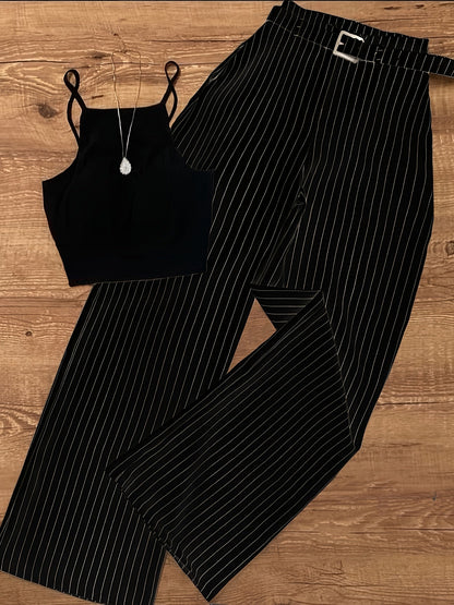 Damen Eleganter Streifen Zweiteiler Set – Modisches Top mit weitem Hosenanzug für Business & Freizeit