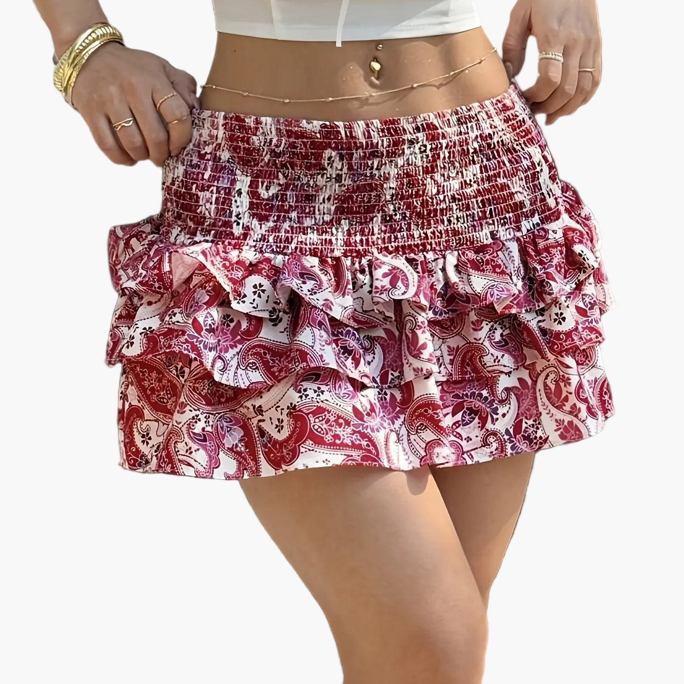 Damen Minirock mit Rüschen und Paisley-Muster – Verspielter Sommerrock für Freizeit & Urlaub