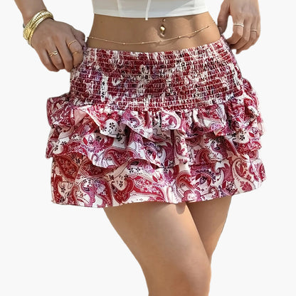 Damen Minirock mit Rüschen und Paisley-Muster – Verspielter Sommerrock für Freizeit & Urlaub