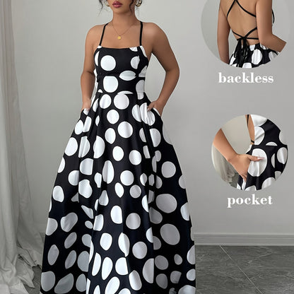 Damen Maxikleid mit Rückenausschnitt und großen Punkten – Elegantes Partykleid im Vintage-Stil