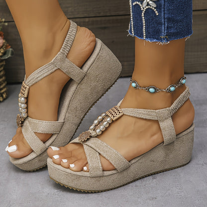 Damen Plateau-Sandalen mit Schmucksteinen und Vintage-Stil – Bequeme Sommerschuhe für Freizeit und Urlaub