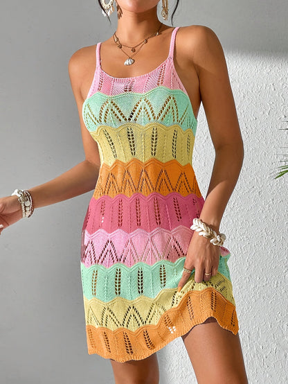 Damen Boho Strick Minikleid mit Chevron-Muster und Spaghettiträgern – Perfekt für Urlaub und Freizeit