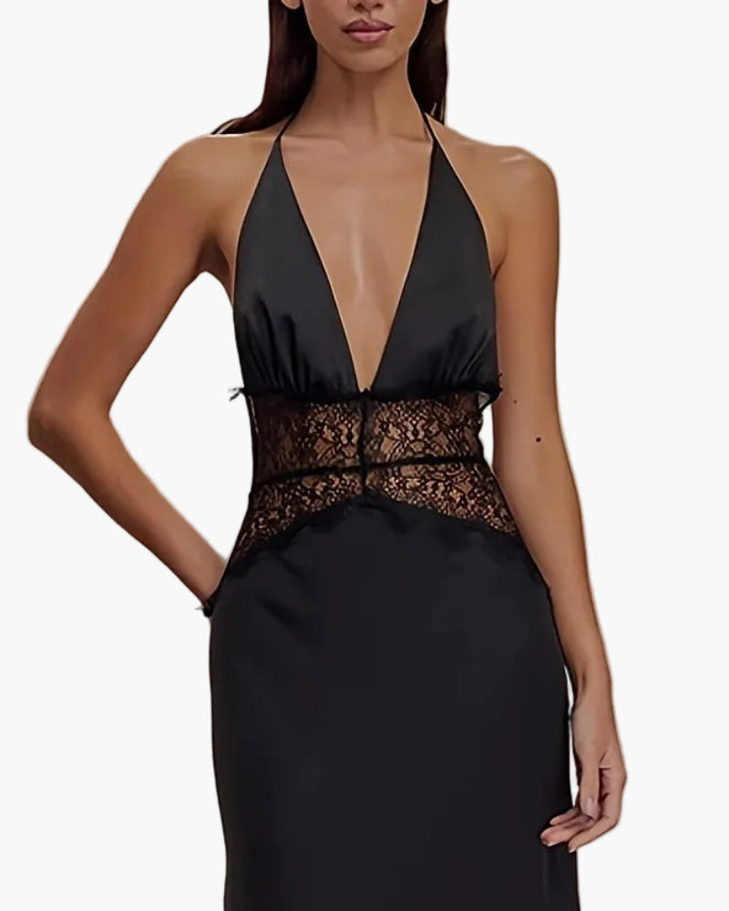 Damen Abendkleid Elegant mit Spitzen-Detail und Tiefem V-Ausschnitt – Perfekt für Besondere Anlässe